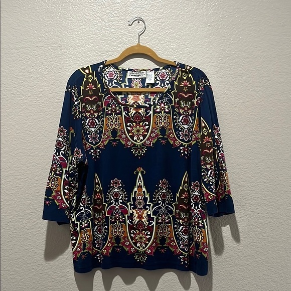 New Direction Elegant Blue Patterned Women's Top 100% Cotton Sz 3X 3/4 Sleeve - Picture 1 of 8